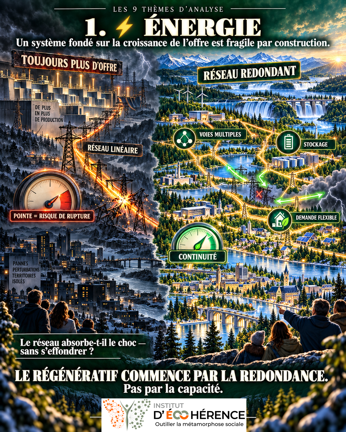 Levier 1 — Énergie : comparaison entre un réseau fragile et un réseau énergétique redondant et résilient.