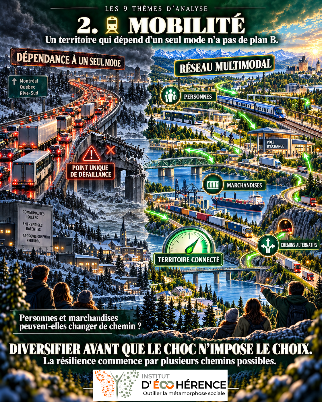 Levier 2 — Mobilité : dépendance à un seul mode de transport comparée à un réseau multimodal.