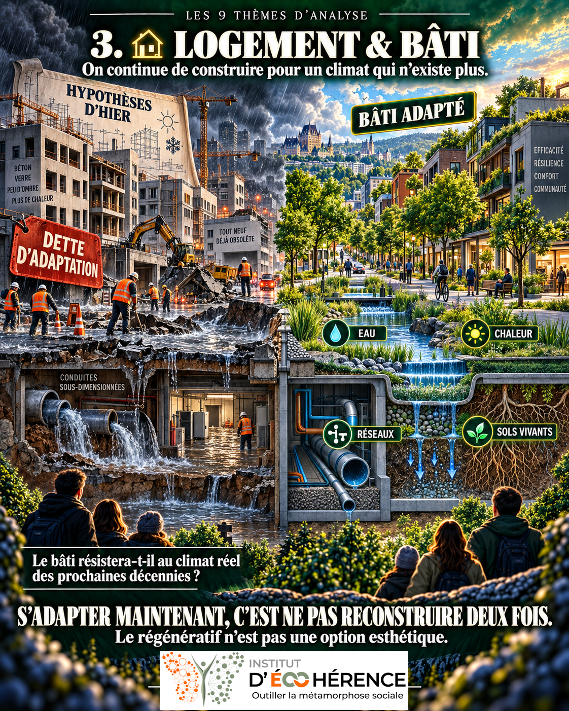 Levier 3 — Logement et bâti : construction vulnérable comparée à un bâti adapté au climat réel.