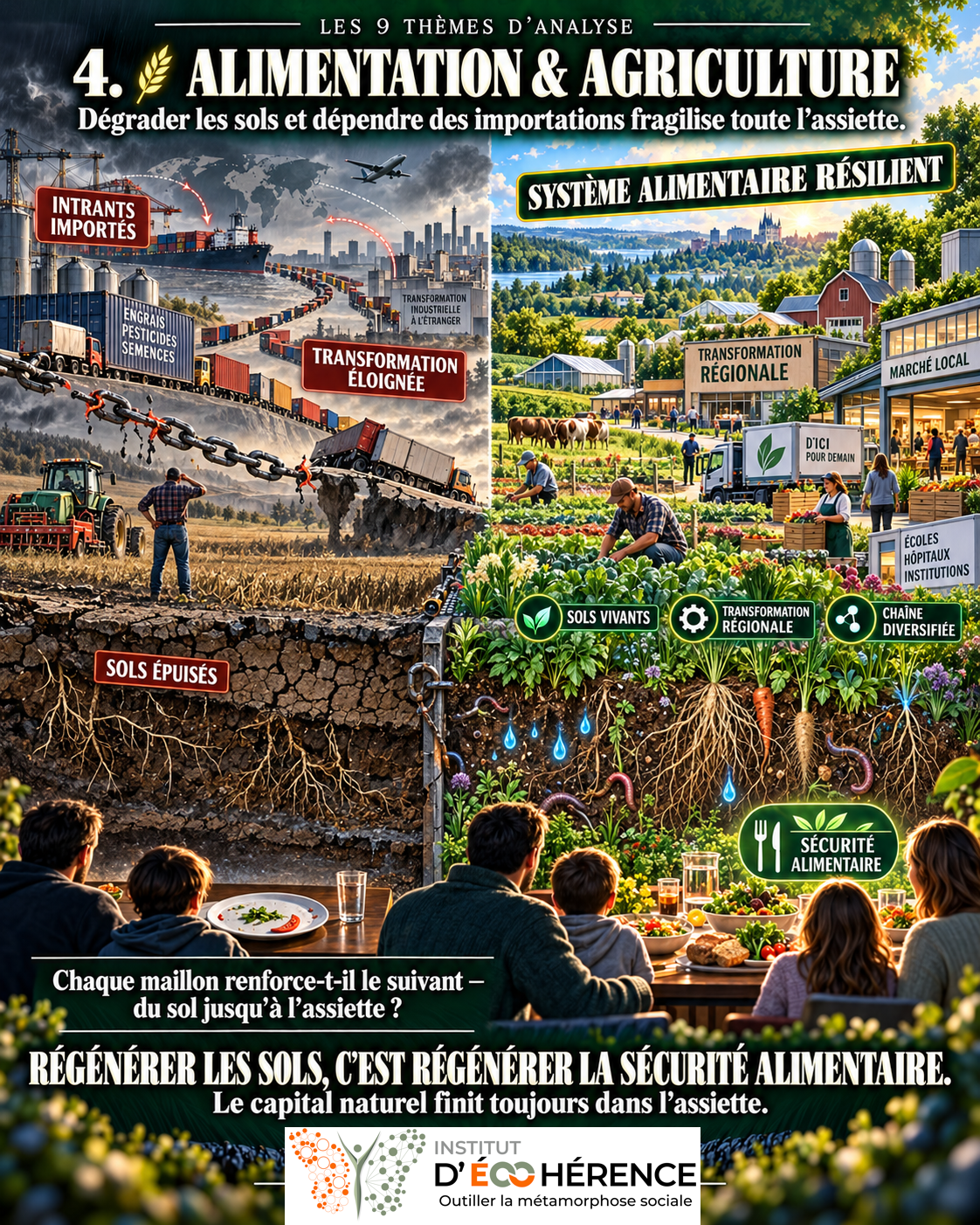 Levier 4 — Alimentation et agriculture : dépendance aux importations et sols épuisés comparés à un système alimentaire résilient.