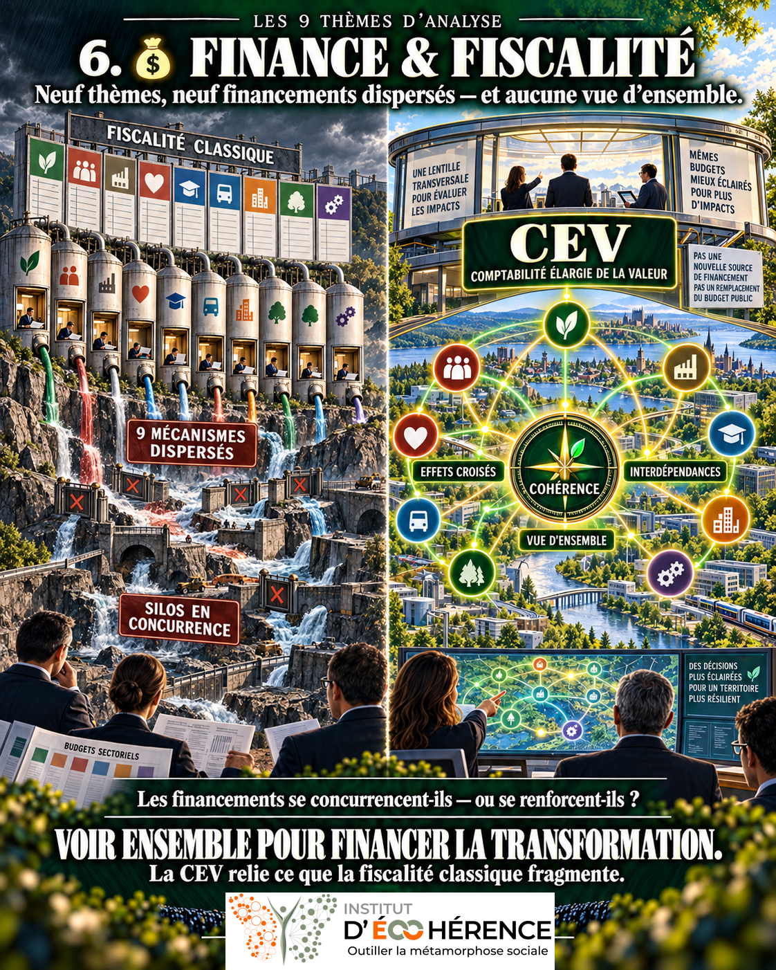 Levier 6 — Finance et fiscalité : financements dispersés comparés à une comptabilité élargie de la valeur.