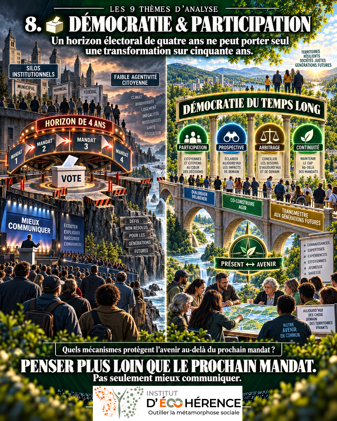 Levier 8 — Démocratie et participation : horizon électoral court comparé à une démocratie du temps long.