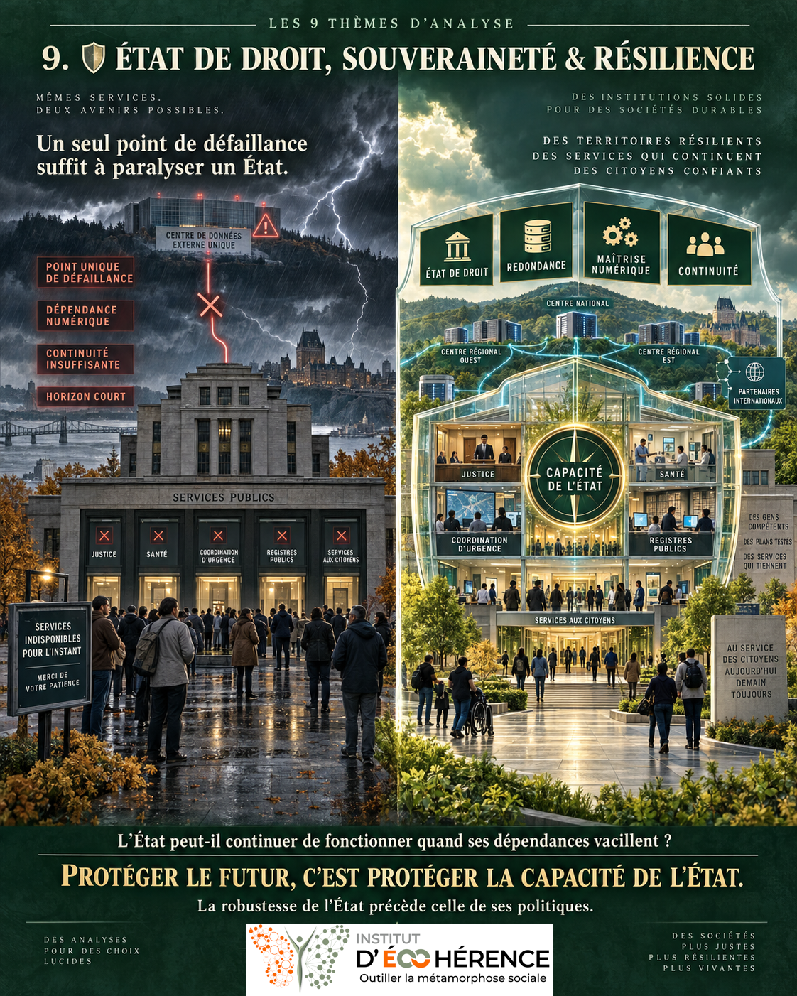Levier 9 — État de droit, souveraineté et résilience : dépendance numérique critique comparée à une capacité d’État robuste et redondante.