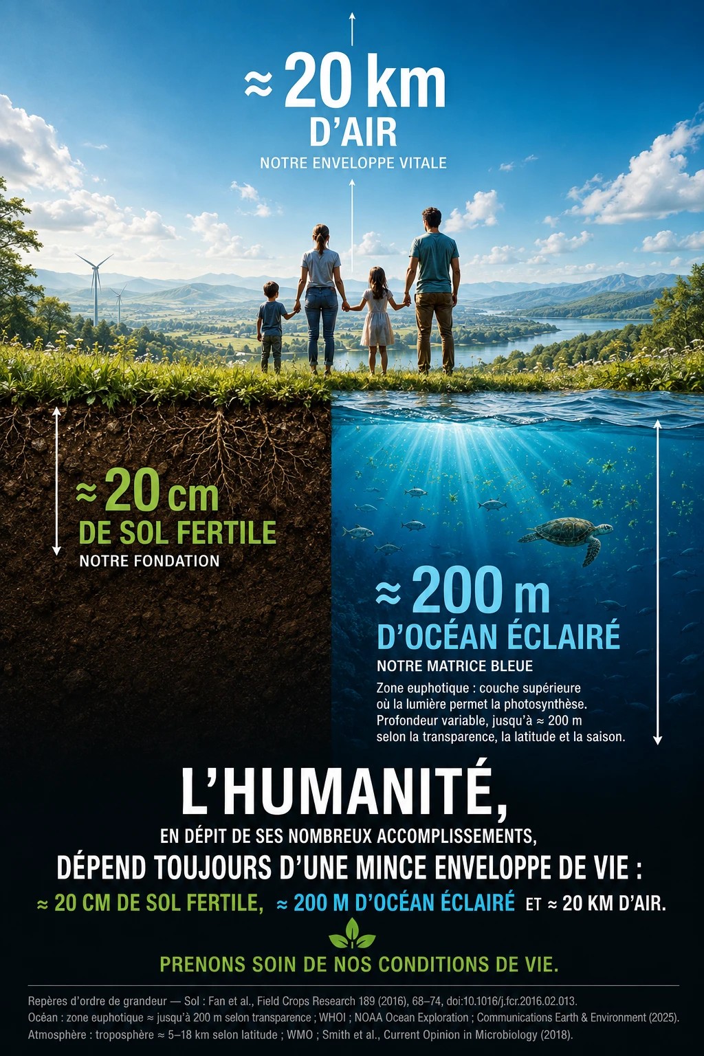 Notre enveloppe de vie : 20 centimètres de sol fertile, 200 mètres d’océan éclairé et 20 kilomètres d’air